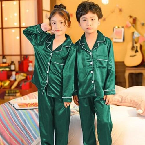 Kids Pajamas Baby Spring Summer Long Sleeve Silk Stain Sleepwear Solid Color Childrens Clothing Set Girls Boys Nightwear