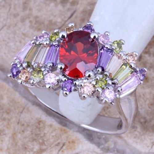 Lovely Multicolor Red Garnet Silver Plated Womens Jewelry Ring Size 6 / 7 / 8 / 9 R0426