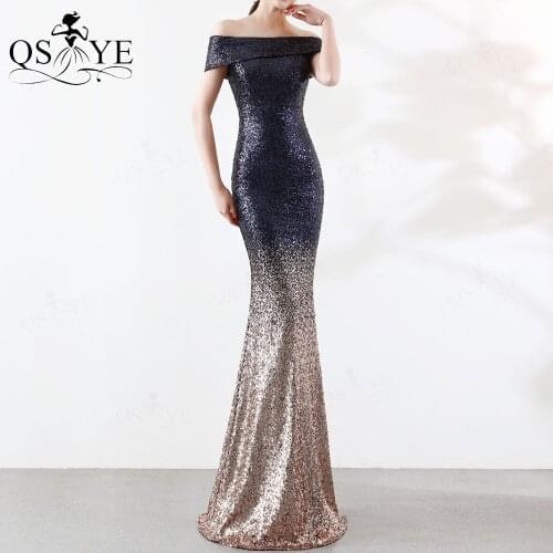 Navy Evening Dresses Off Shoulder Mermaid Evening Gown Fading Color Party Dress Sequin Formal Dress Gold Bottom Zipper Celebrity