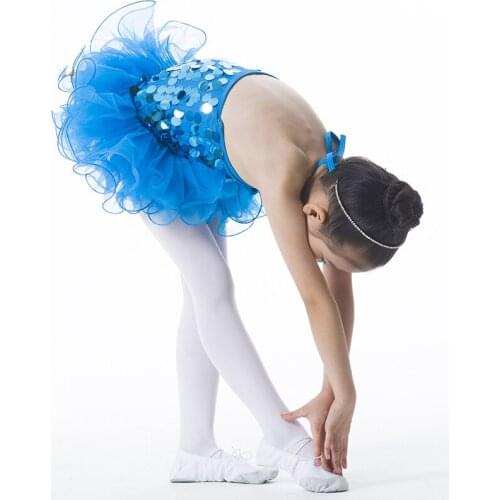 Blue Pink Halter Leotard With Three Layers Ballet Tutu Skirt & Shining Sequins For Girls Professional Stage Performance Costume