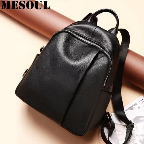 High Quality Genuine Leather Women Backpack Fashion Solid School Bags For Teenager Girls Shoulder Bag Casual Lady Black Backpack