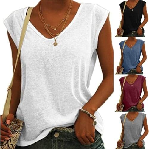 Summer Womens T-Shirt Sleeveless V Neck Solid Color Loose Ladies Casual Simple T Shirt Five Colors Y2K