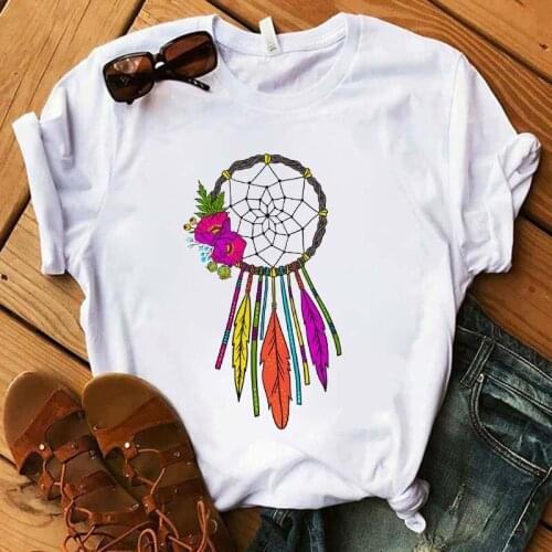 Female T-shirt Flower Dreamcatcher Printed T-shirt Harajuku Graphic T-shirt Top Kawaii Casual Wear Short Sleeve Female