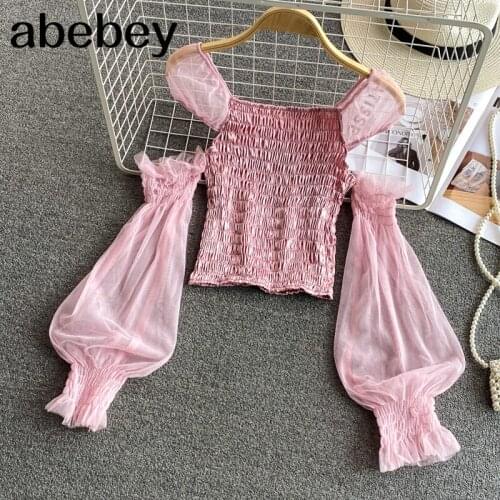 2021 New Summer Sweet square collar off shoulder Lantern Sleeve Shirt high waist pleated waist solid short Shirt Top