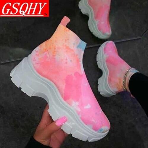Ladies Round Toe Socks Boots Breathable Stretch Cloth Womens Shoes Sports Shoes Casual Elastic Wedge Platform Shoes High Heels