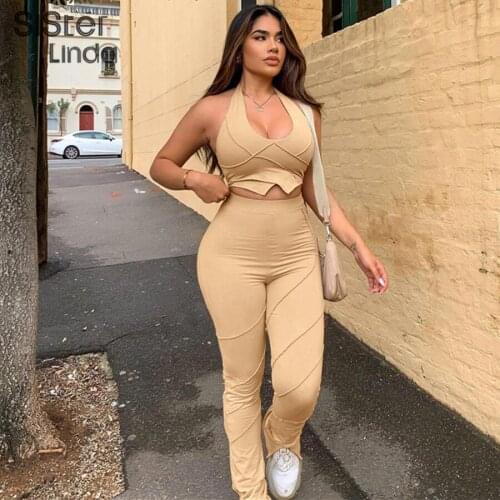 Sisterlinda Summer Patchwork Women 2 Piece Sets Sleeveless Halter Crop Tank Tops High Waist Slit Pants Streetwear Female Outfits