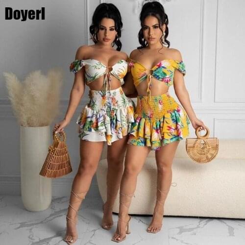 Off Shoulder Sexy Two Piece Set Women Skirt and Top Set Summer Clothes for Women Boho Beach 2 Piece Club Outfits Matching Sets