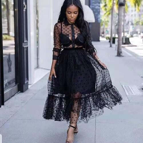 High Quality Elegant Womens Ball Gown Dress Turn-down Collar Lace Mesh Dots Black Dress Women Empire Sexy Maxi Dresses Robes