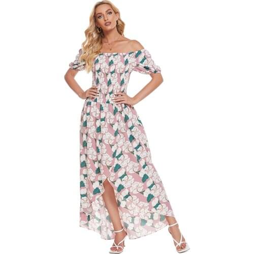 Womens Summer Dresses Fashion Printing One Word Neck Sexy Open Back Irregular Split Slim Beach Ladies Short Sleeve Dresses 2021