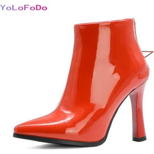 2021 Autumn Winter Women Ankle Boots Patent PU Leather Pointed Toe Thin High Heel Ladies Short Boots Zipper Dress Womans Shoes