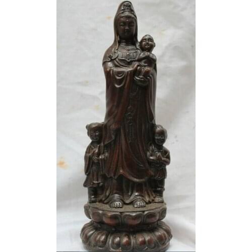 FREE SHIPPING S1965 11" Chinese Bronze Kwan-yin Guanyin Goddess Sending Children Kid Boy Statue