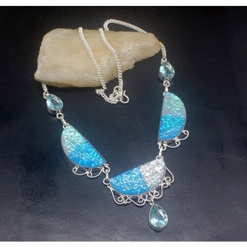 Gemstonefactory Jewelry Big Promotion 925 Silver Unique Dichroic Glass Blue Topaz Women Chain Necklace 50cm 202101418