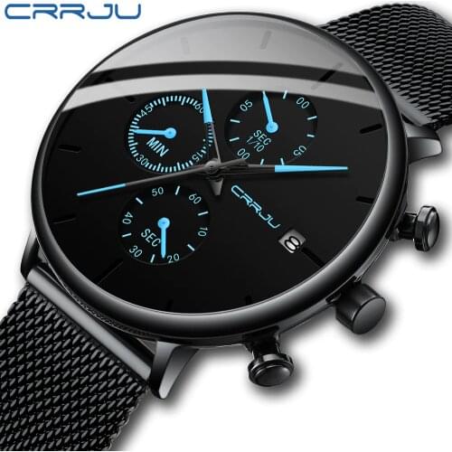 Mens Watches CRRJU Quartz Watch Unisex Ultra Thin Wristwatch Fashion Luxury Waterproof Chronograph Date Display Mesh Belt Clock
