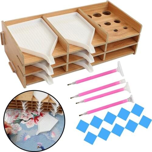 Wood Diamond Painting Tool Tray Accessories Storage Box Detachable Wood Diamond Embroidery Art Point Drill Pen Organizer Holder