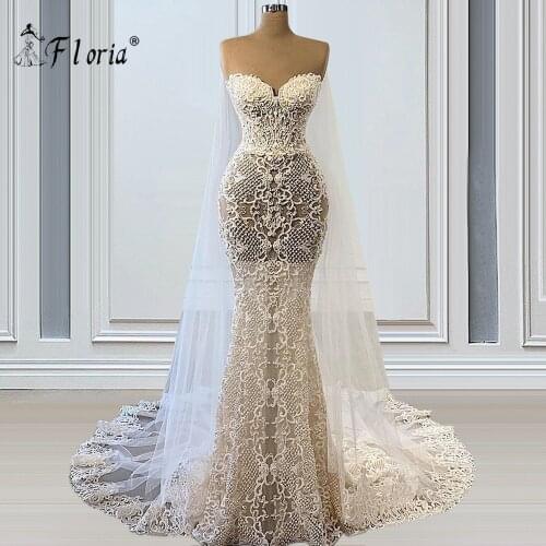 Long Womens Wedding Evening Dress 2021 Strapeless Beaded Mermaid Lace Fabric Reception Dress Gown robe longue blanche