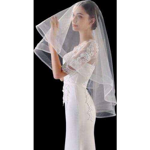 New Arrival Two Layers Cheap Wedding Veils Ribbon edge White Ivory Bridal hair accessories Short Veil Welon slubny