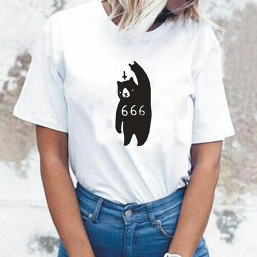 Harajuku Shirt Tee Shirt Femme Cartoon Bear 666 Letter Print T Shirt Women Tops Summer Short Sleeve Casual Tshirt Camiseta Mujer