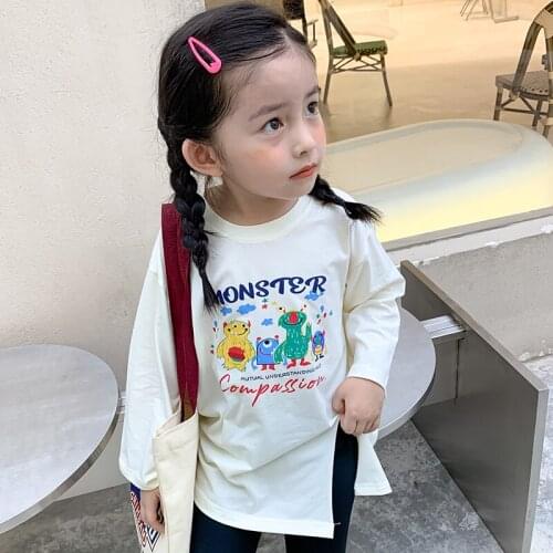 MILA CHOU 2021 Autumn New Childrens Cute Monster Printing Top Shirt Long-sleeve T-shirt Kids Long All-match Cotton T-shirt 2-8