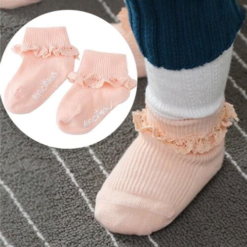 Baby Girls Cute Ribbed Letters Lace Trim Soft Non Slip Breathable Ankle Socks