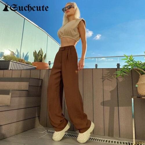 SUCHCUTE Vintage Women Straight Pants Retro Brown Hight Waist Slim Office Lady Solid Trousers New Fashion Lady Streetwear Outfit