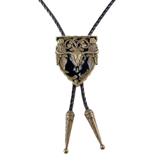 Mens Vintage Western Cowboy Rodeo Leather Cow Bolo Tie Bola Pendant Necklace