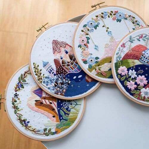 23cm Hoop DIY Embroidery Set for Beginner Needlework Kits Europe Town Scenery Cross Stitch Series Needle Arts Crafts Sewing