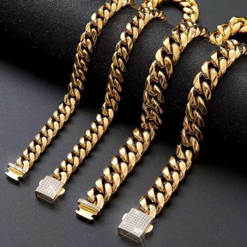 News Arrival 6/8/10/12/14mm Stainless Steel Miami Curb Cuban Chain Necklace Zircon CZ Pave Lock Clasp Mens Rock Dj Bracelet