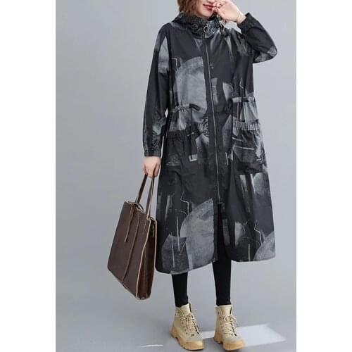 Autumn Plus Size Jacket Coat Women Clothing Hooded Vintage Print Lady Outerwear Loose Pocket Long Sleeve Zipper Cardigan