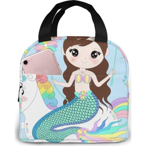 Portable Lunch Bag Cute Mermaid Riding Unicorn Thermal Insulated Lunch Box Tote Cooler Bag Bento Container Food Storage Bag