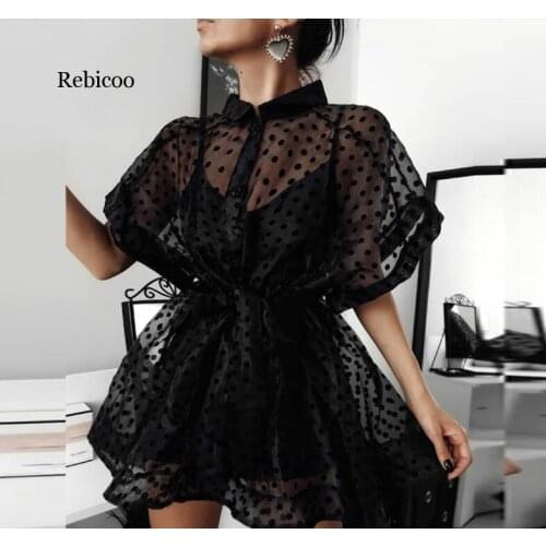 See-through Short Sleeve Vintage Mini Dress Female Turn-down Neck Long Sleeves Lace-up Shirt Vestidos Mujer DressNew