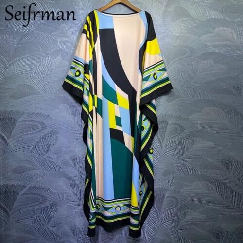 Seifrmann Summer Women Fashion Designer Holiday Maxi Dress Batwing Sleeve Floral Print Laies Loose Boho Long Dresses Vestidos