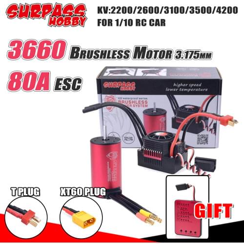 SURPASS HOBBY Combo 3660 Waterproof Brushless Motor 3.175mm 80A ESC T/XT60 PLUG Program Card for 1/10 RC Car Trx4 Traxxas Trx4