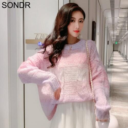 WomenS Sweater Korean Rainbow Gradient Color Long Sleeves Oversized Ladies Knitted Pullover Top 2020 Autumn Loose Thin Sweaters