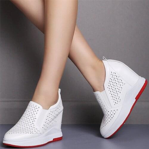 Summer Platform Pumps Women Genuine Leather Wedges High Heel Ankle Boots Female Hollow Round Toe Fashion Sneakers Casual Shoes