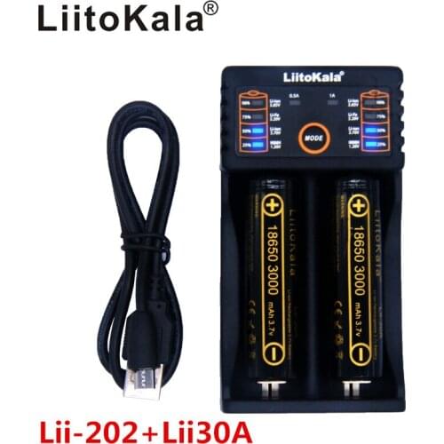 NEW LiitoKala Lii-202 charger+2pcs HK LiitoKala Lii-30A 18650 3000mah Rechargeable battery for flashlight,10-20A discharge