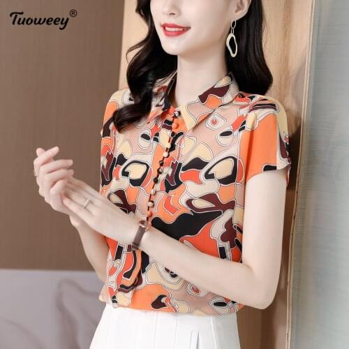 Women Chiffon Blouse Summer Lace Up Print Tunic Casual Middle short Sleeve Tops Lady Blusa Femme Plus Size Vintage Ladies Blusas