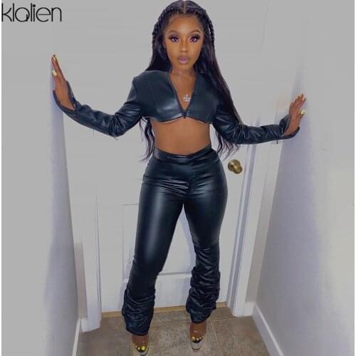 KLALIEN Autumn Black Pu Leather Trousers Women Fashion Casual Street Slim High Waist Female Pant 2020 Simple Lady Bottom