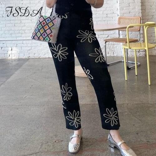 Y2K Womens High Waist Knit Wide Leg Pants Stretch Floral Summer Casual Fashion 2021 Retro Printed Loose Pants Beige/Black