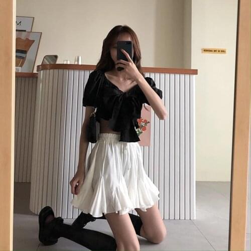 Womens Suit Summer New Style Black Bow Short Chiffon Shirt + Two-piece Irregular Skirt Vintage Harajuku Dropshipping Size