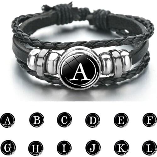 26 Letter A-Z Glass Snap Metal Bead Bracelet ID Name Friendship Black Braided Leather Bracelets Men Women Kids Family Gift
