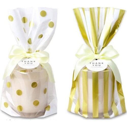 50pcs Gold Stamp Polka Dots Striped Cookie Candy Snack Dessert Packing Bag With Bottom Clear Party Favor Wrapping Bag Supply