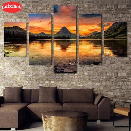 Diamond Painting Natural scenery mountain lake Full Drill Square DIY Diamond Embroidery Cross Stitch Mosaic round Home Decor5PCS