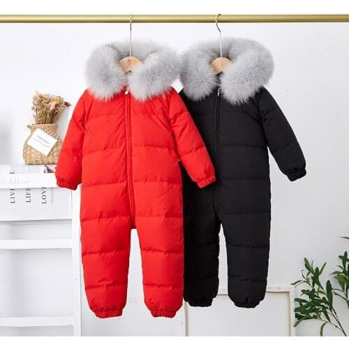 Childrens One-piece Suit Down Jacket Winter Baby Thicken Out Rompers Baby Boy Big Fur Collar Warm Winter Clothes Down Snowsuit