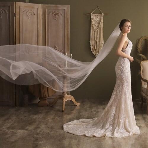 Elegant Cathedral Bridal Veil Tulle Cute-Edge Floor Train White Wedding Veil for Bride Perform Travel Studio Photo Props V828
