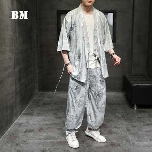 Summer Chinese Style Suit Retro Dragon Pattern Tang Suit Loose Plus Size Zen Clothing Harajuku Cardigan Short Sleeve Joggers