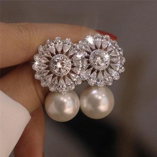 ORZTOON Fashion Exquisite Flower Pearl Zircon Earrings For Women Silver Color Brass Earring Trendy Bridal Wedding Jewelry Gift