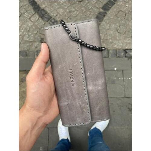 Male Gray Karali Leather Phone Compartment Magnetic Genuine Leather Wallet