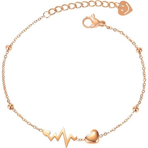 Charm Cute ECG Heart Beads Stainless Steel Chain Womens Bracelets Fashion Rose Gold Jewelry Accessories Girls Gifts Bracelets