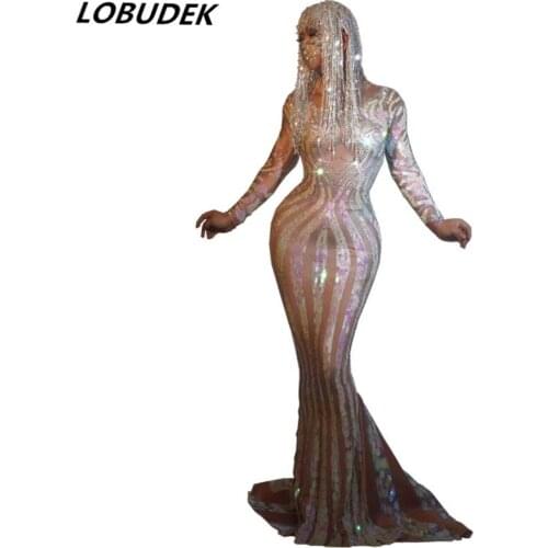 Sexy Stage Costume Women Long Sleeve Stripes Sequins Tailing Long Dress Evening Party Singer Host Models Catwalk Birthday Outfit