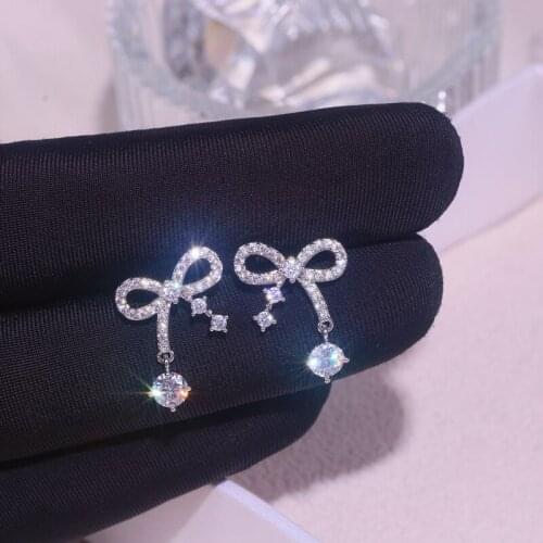 Sweet Cute Bling Zircon Stone Bowknot Stud Earrings For Women Girls Korean Elegant Trendy Wedding Crystal Stud Earrings Jewelry